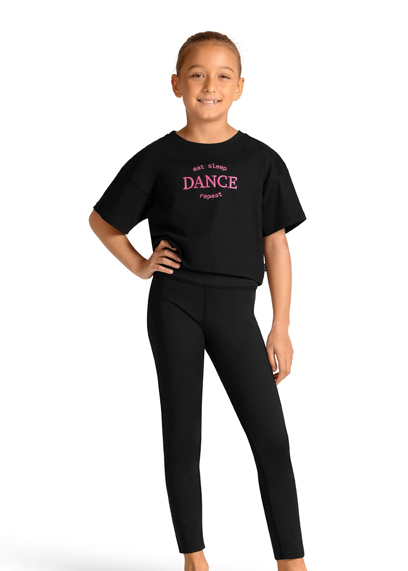 Mirella M30013C youth cotton oversized crop top in black with pink writing