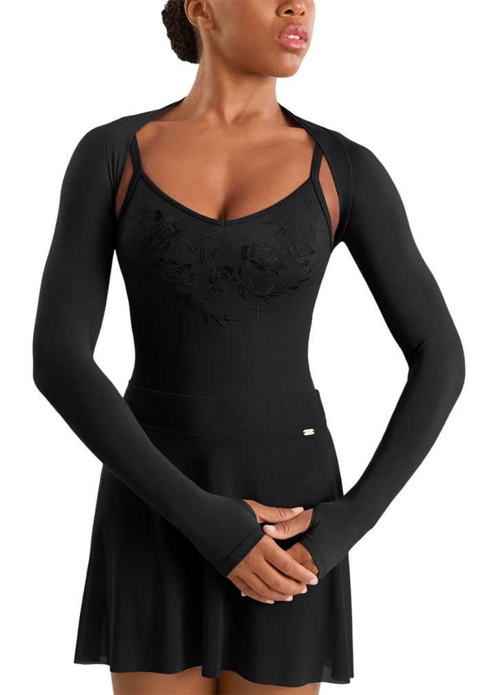 Mirella women's long sleeve shrug in black with thumbholes.