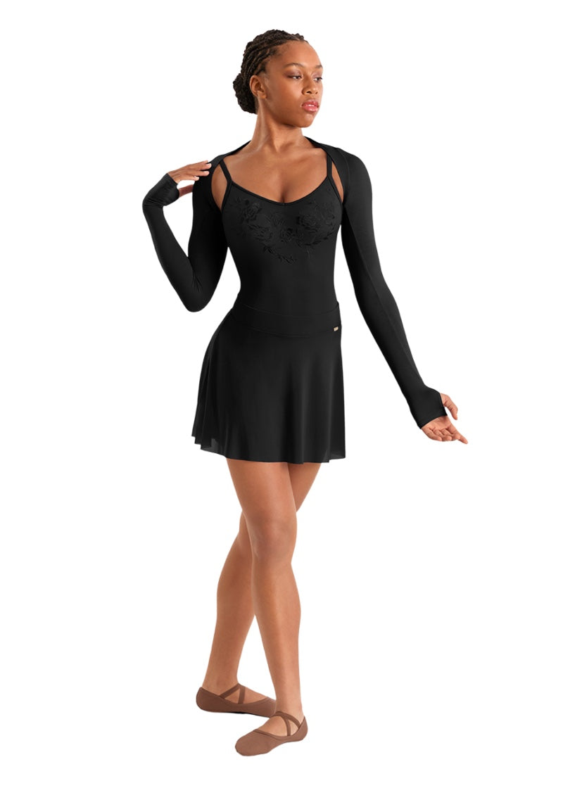 Mirella women's long sleeve shrug in black with thumbholes.