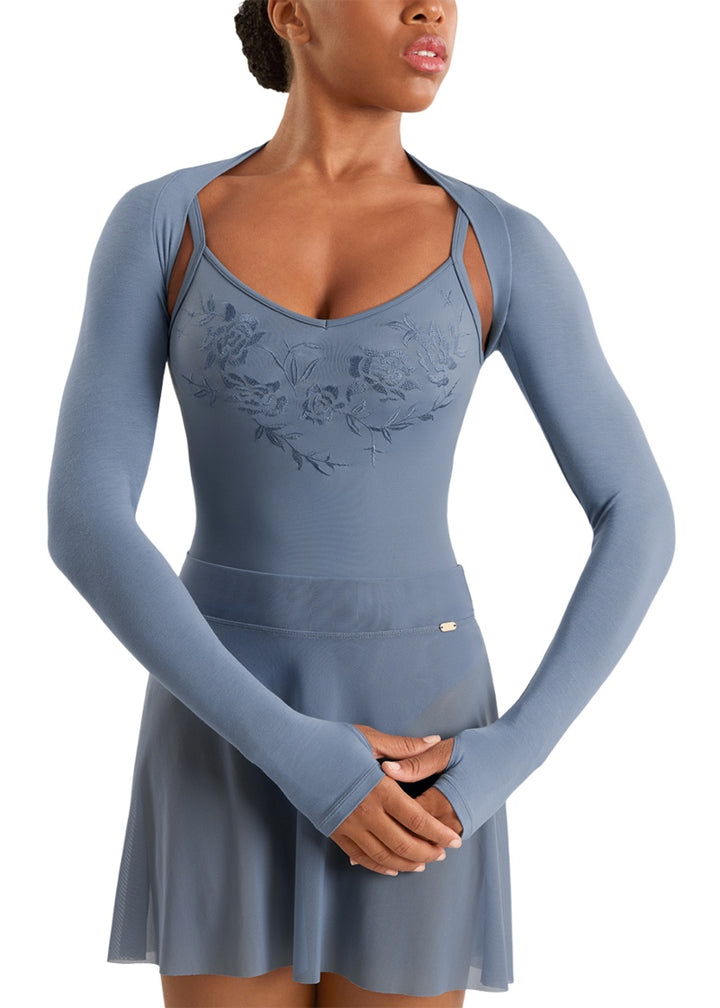 Mirella women's long sleeve shrug in light blue-grey with thumbholes.
