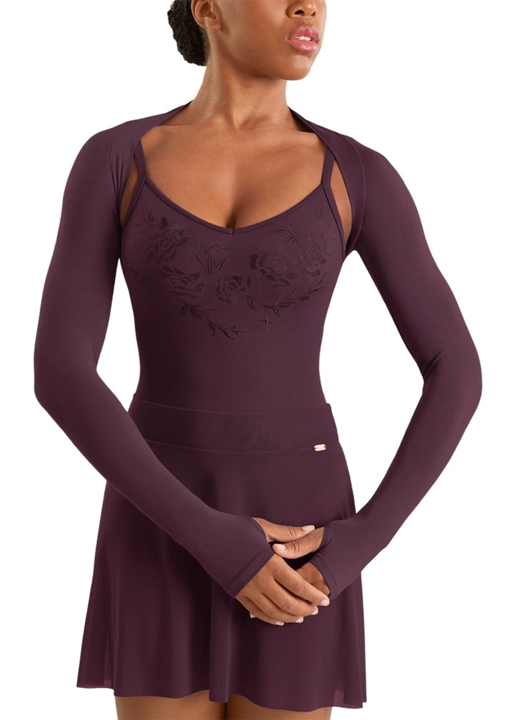 Mirella women's long sleeve shrug in burgundy with thumbholes.