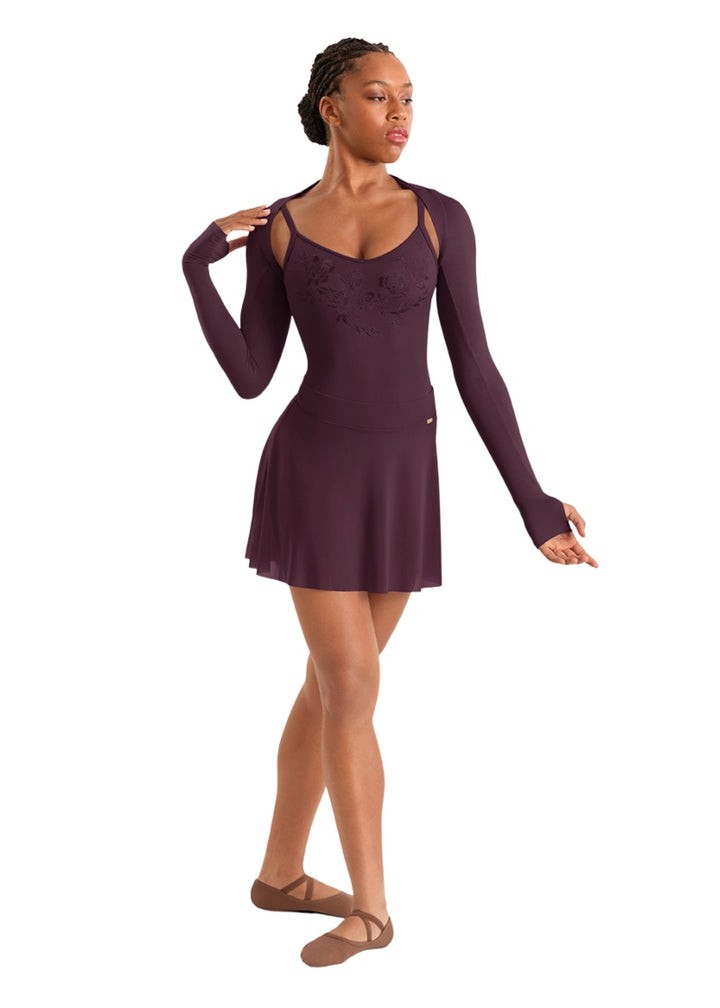 Mirella women's long sleeve shrug in burgundy with thumbholes.
