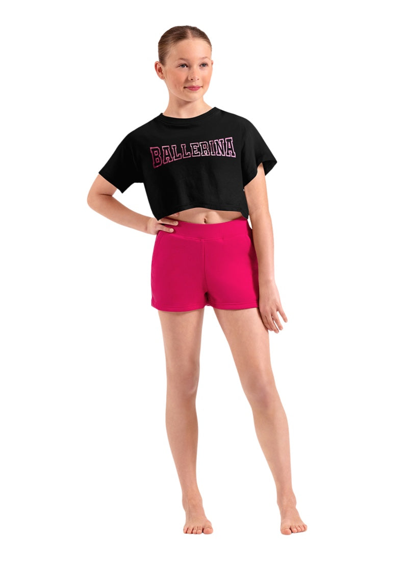 Mirella girls short sleeve crop top in black with "BALLERINA" in pink block text.