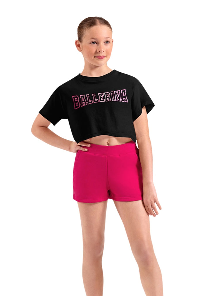 Mirella girls short sleeve crop top in black with "BALLERINA" in pink block text.