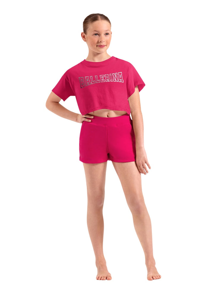 Mirella girls short sleeve crop top in hot pink with "BALLERINA" in silver block text.