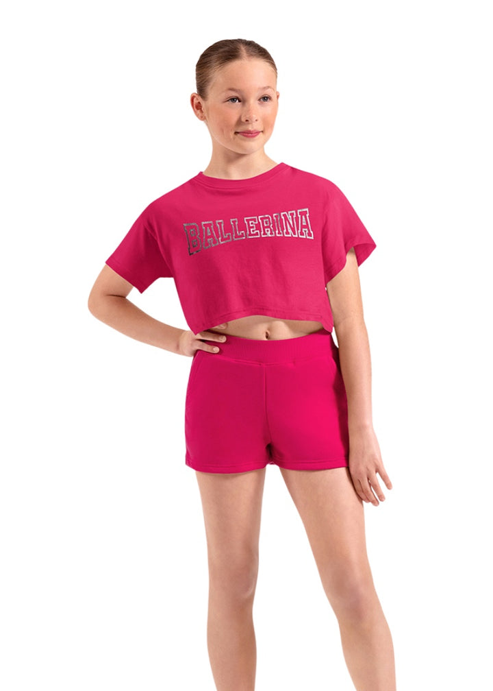 Mirella girls short sleeve crop top in hot pink with "BALLERINA" in silver block text.