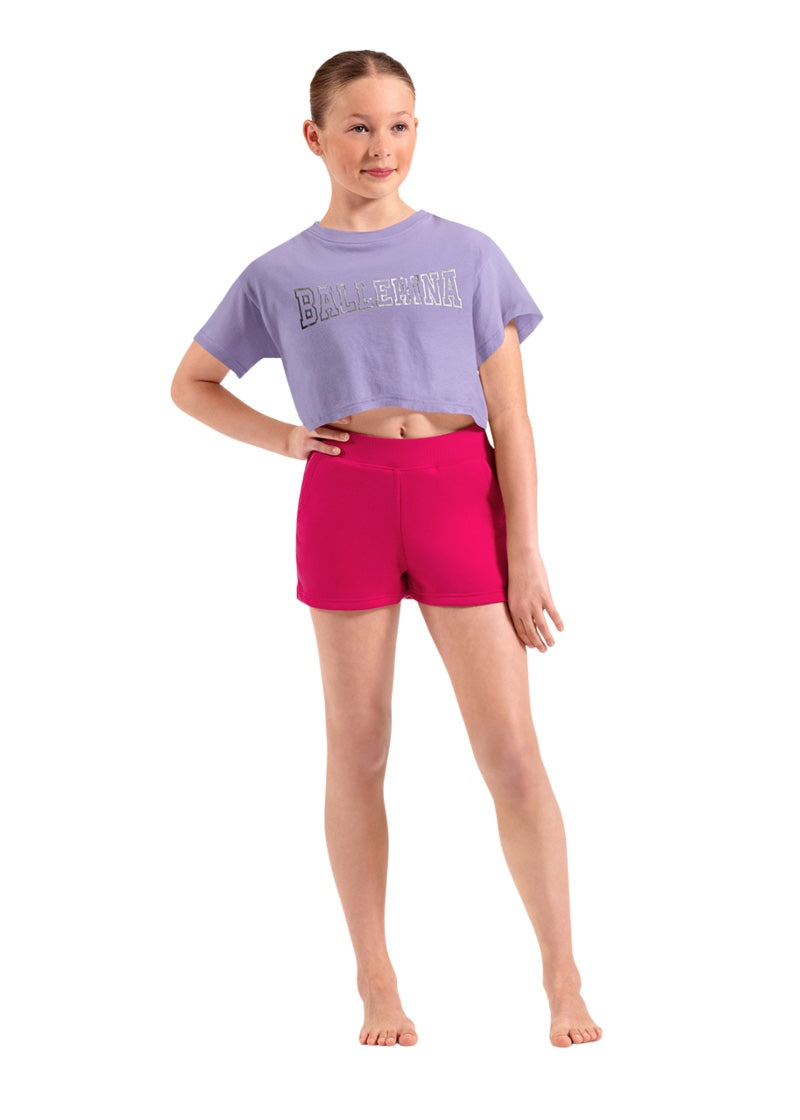 Mirella girls short sleeve crop top in light purple with "BALLERINA" in silver block text.