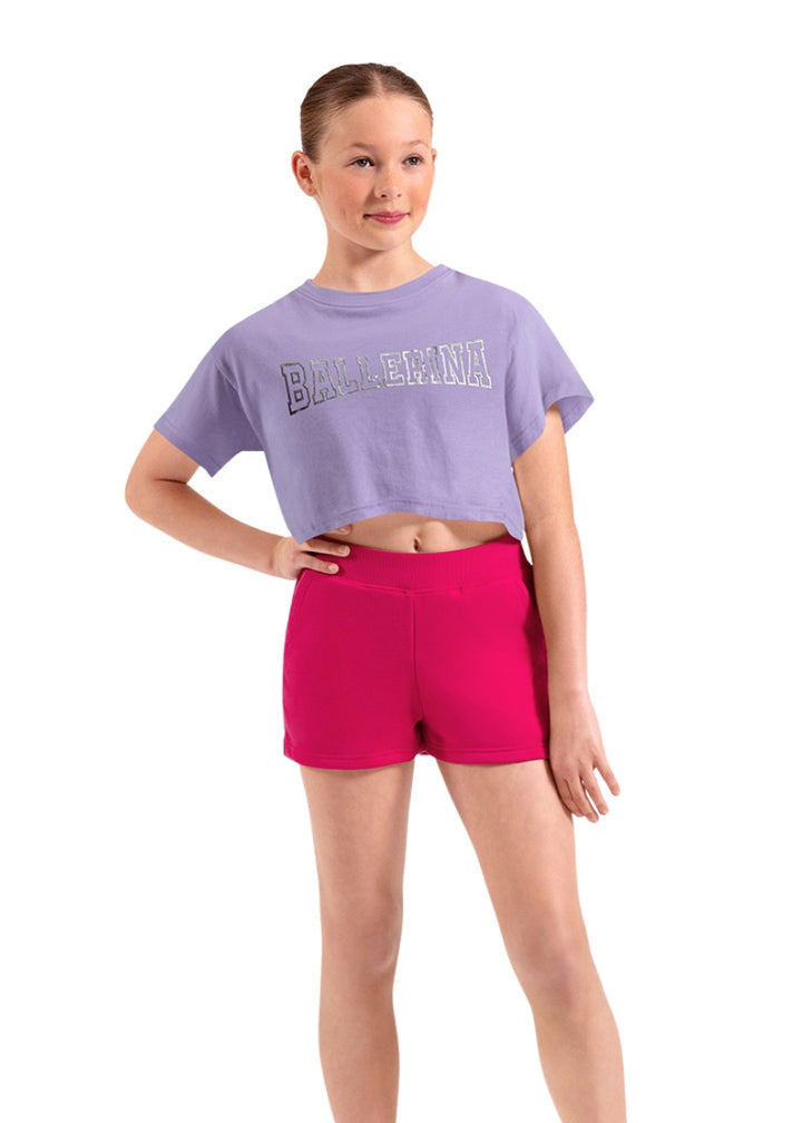 Mirella girls short sleeve crop top in light purple with "BALLERINA" in silver block text.
