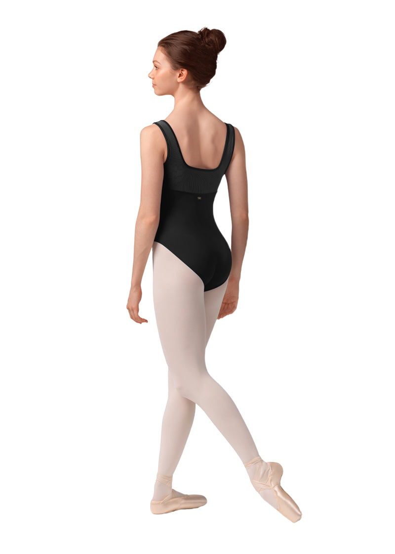 Mirella women's tank leotard in black with square, pinstriped back.