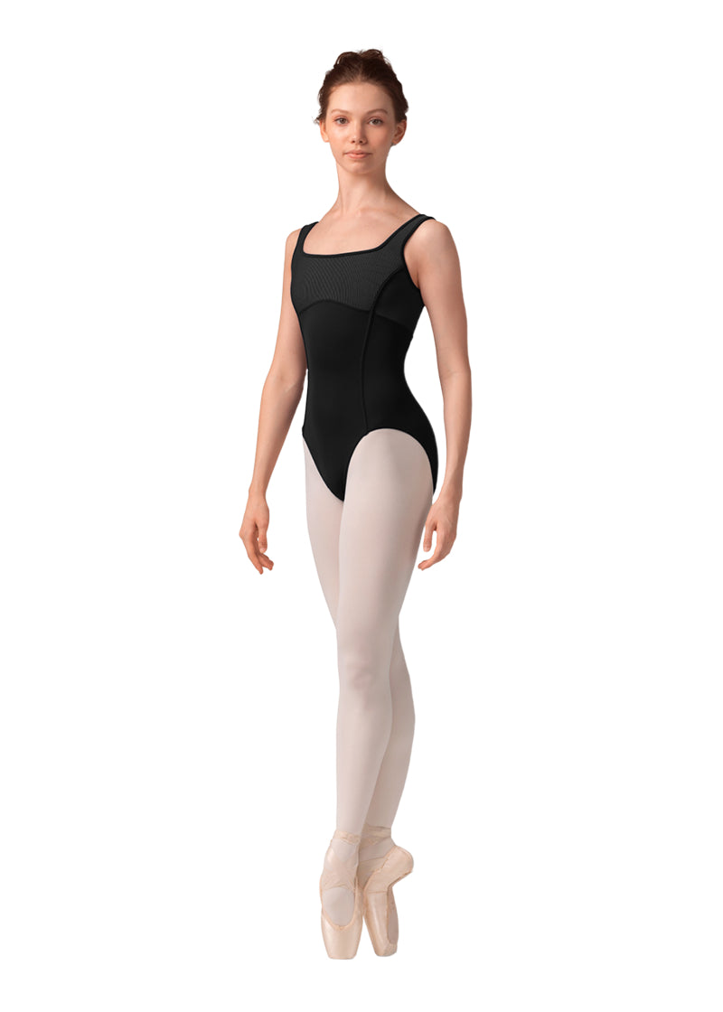 Mirella women's tank leotard in black with square neckline, princess seams, and pinstriped bust.