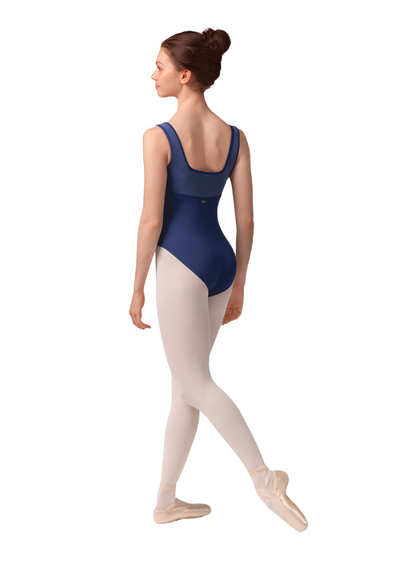Mirella women's tank leotard in blue with square, pinstriped back.