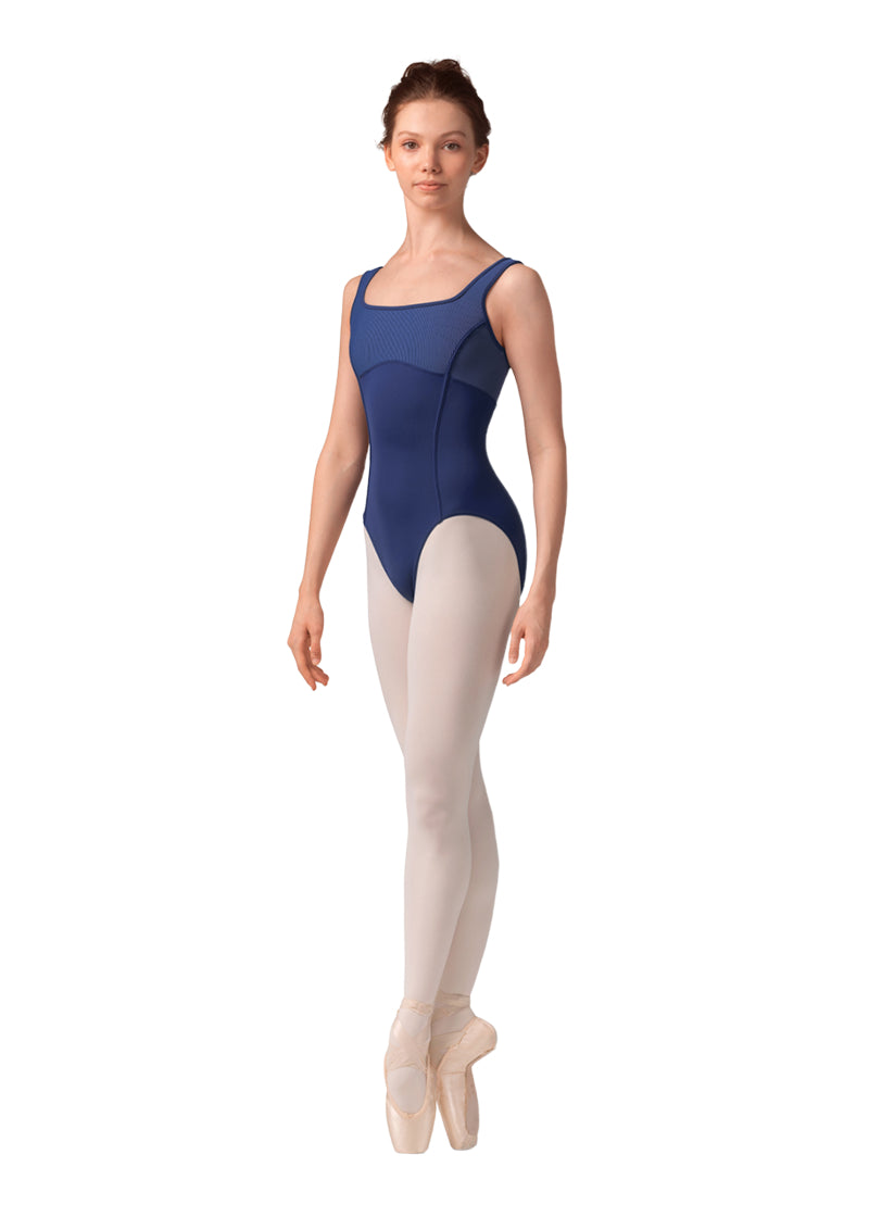 Mirella women's tank leotard in blue with square neckline, princess seams, and pink pinstriped bust.
