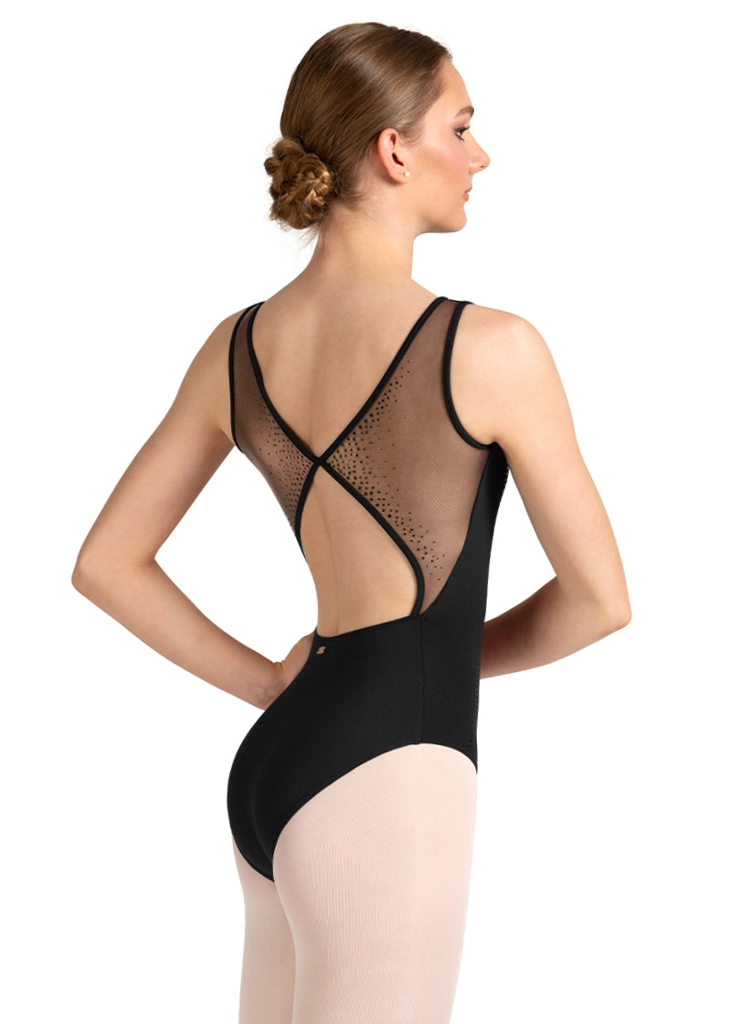 Mirella M50005LM tank leotard in black with keyhole back opening and mesh panels