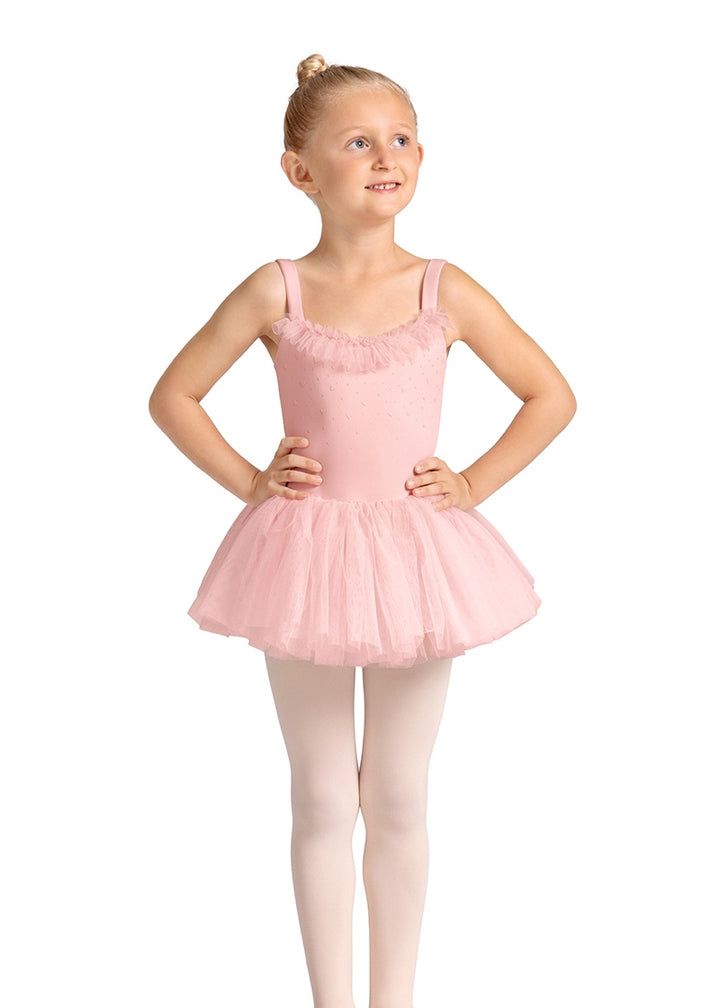 Mirella M50007C youth tank dance dress in pink with attached tutu and ruffle neckline