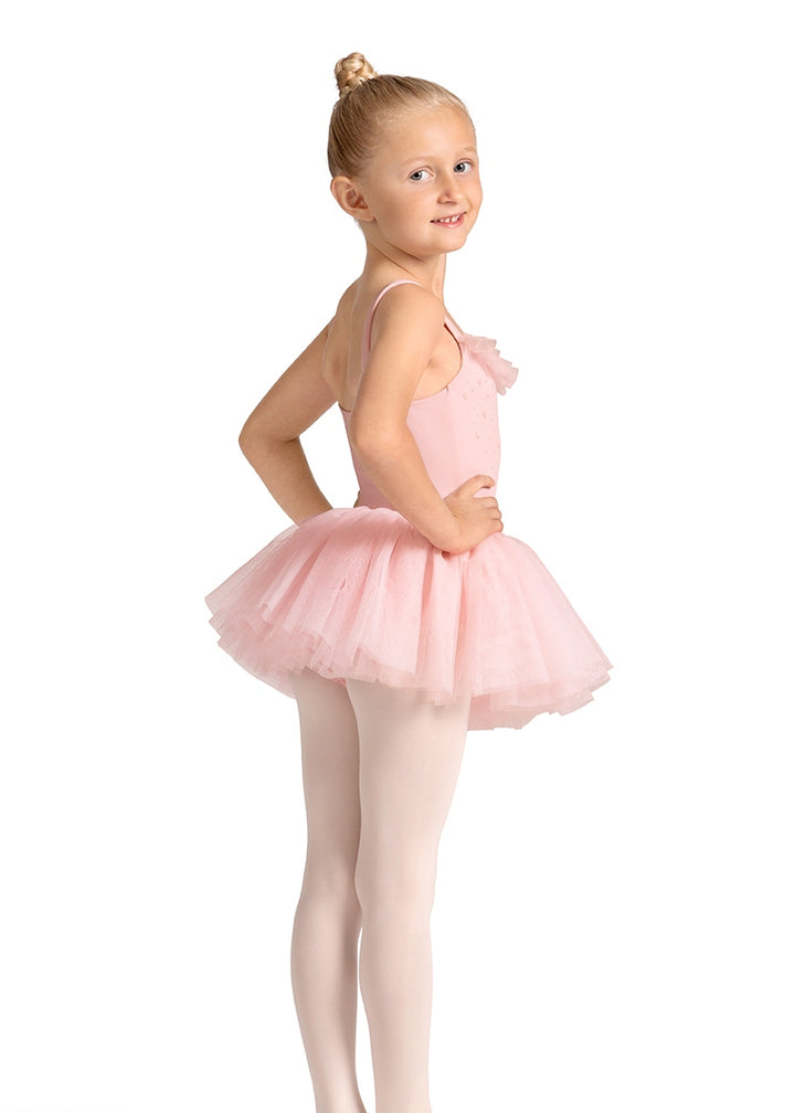 Mirella M50007C youth tank dance dress in pink with attached tutu and ruffle neckline