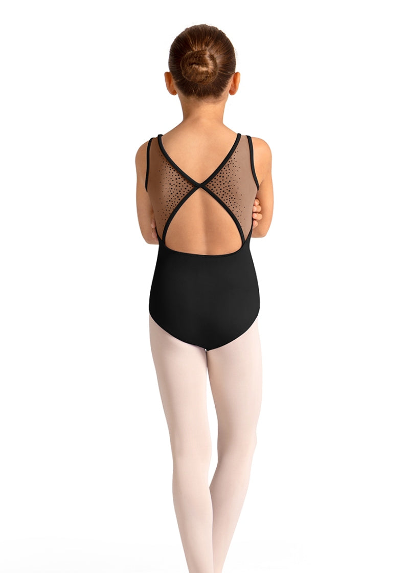 Mirella M50009C youth tank leotard in black with keyhole back opening and mesh panels