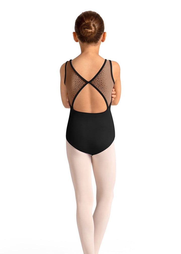 Mirella M50009C youth tank leotard in black with keyhole back opening and mesh panels