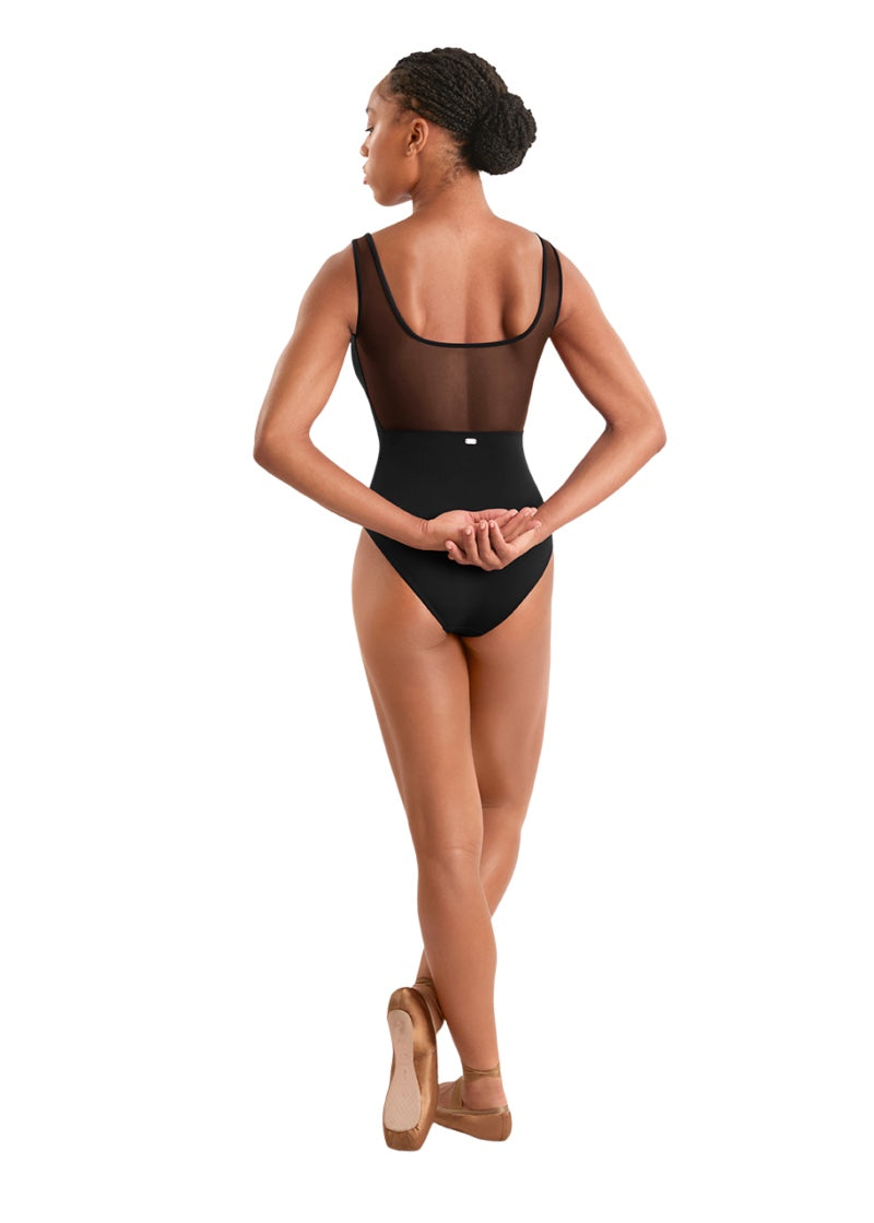Mirella women's tank leotard in black with mesh scoop back.