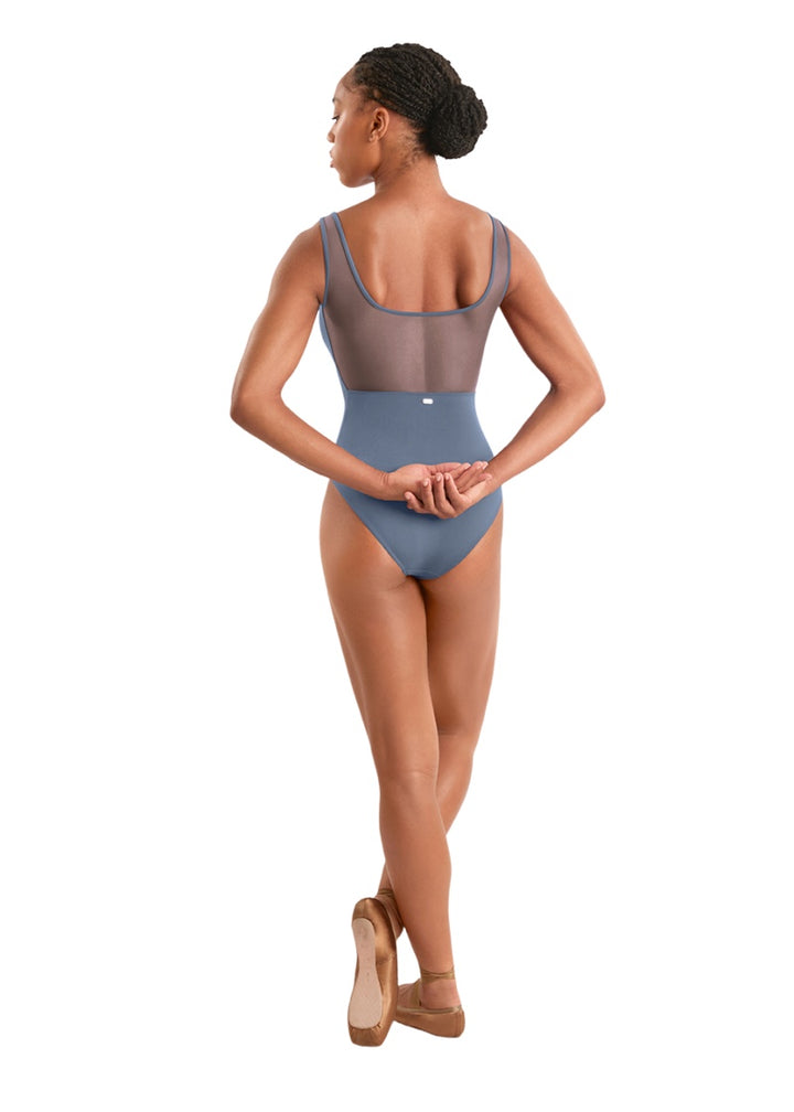 Mirella women's tank leotard in light blue-grey with mesh scoop back.