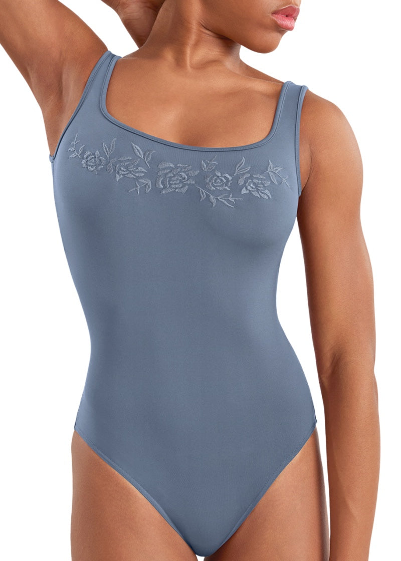 Mirella women's tank leotard in light blue-grey with square neckline and floral embroidery.