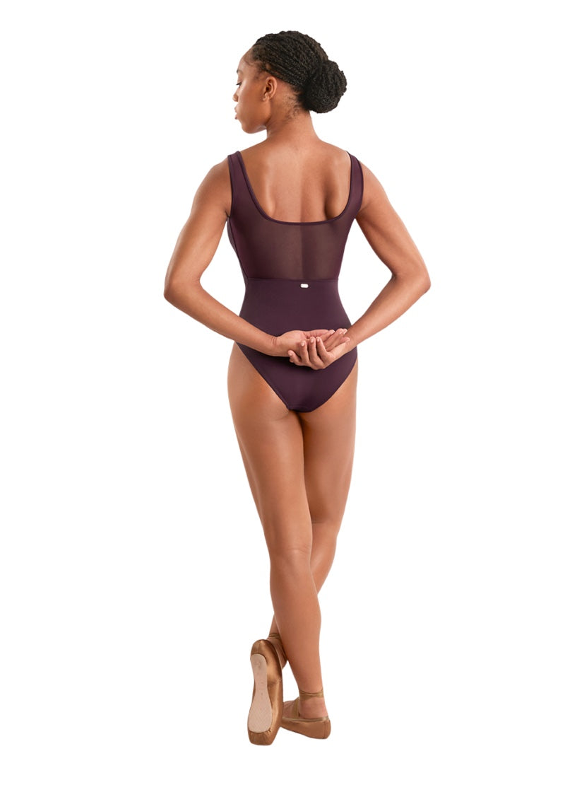 Mirella women's tank leotard in burgundy with mesh scoop back.