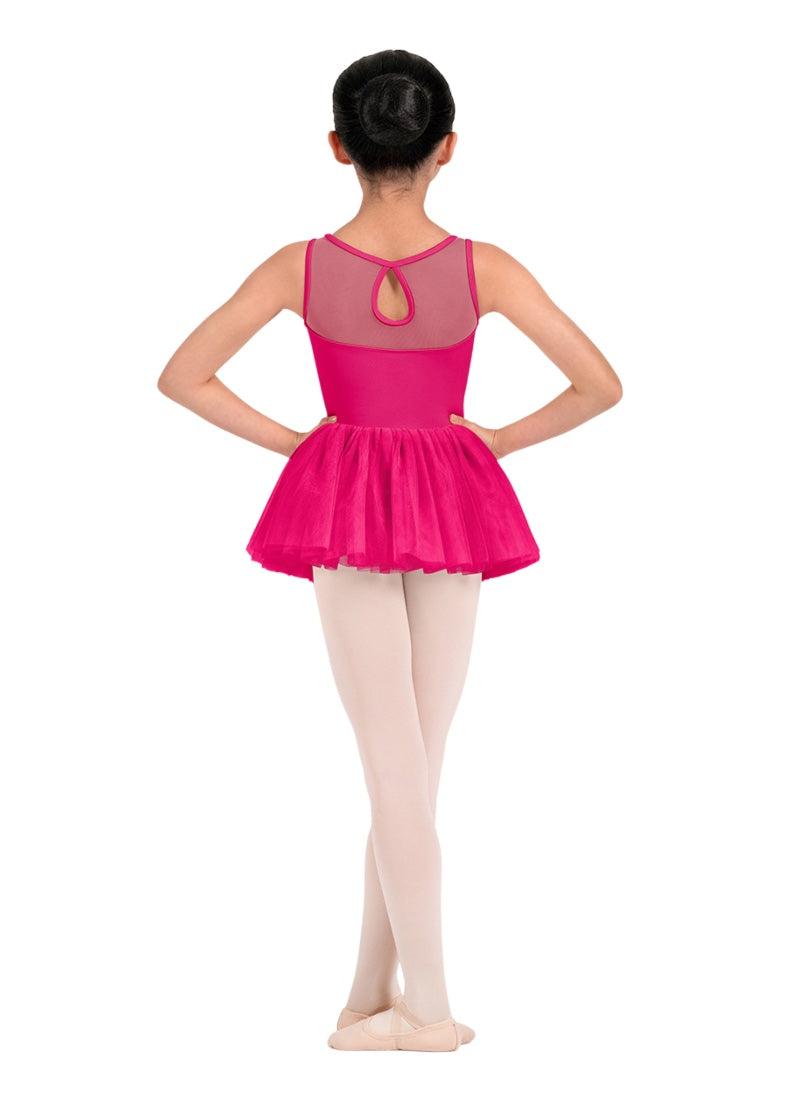 Mirella girls tank dance dress in hot pink with mesh keyhole back and layered tulle skirt.