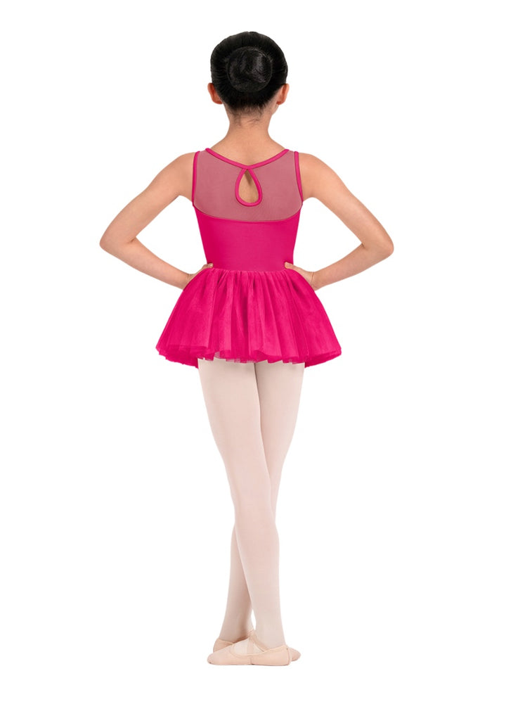 Mirella girls tank dance dress in hot pink with mesh keyhole back and layered tulle skirt.