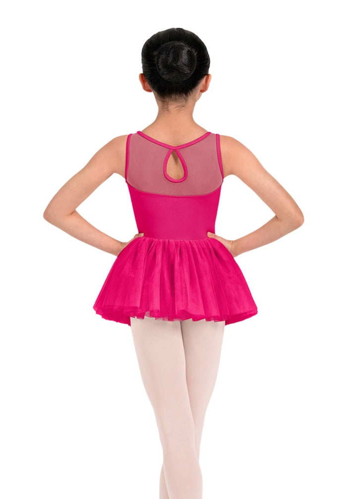 Mirella girls tank dance dress in hot pink with mesh keyhole back and layered tulle skirt.