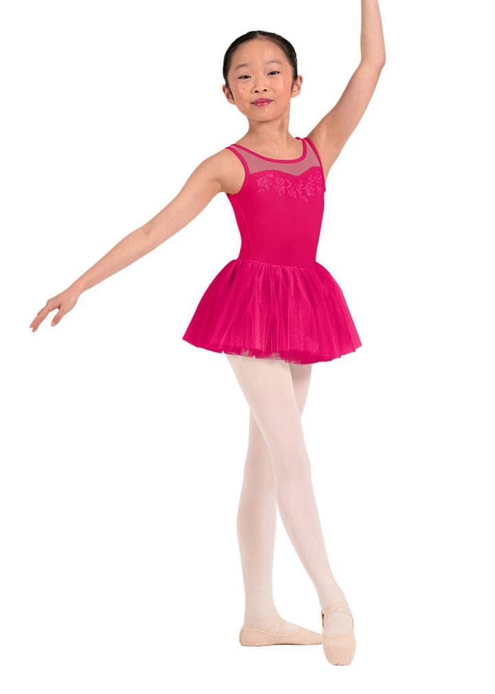 Mirella girls tank dance dress in hot pink with mesh sweetheart neckline, floral embroidery, and layered tulle skirt.