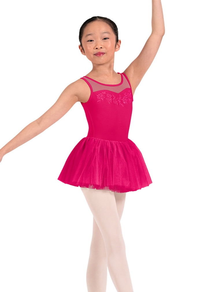 Mirella girls tank dance dress in hot pink with mesh sweetheart neckline, floral embroidery, and layered tulle skirt.
