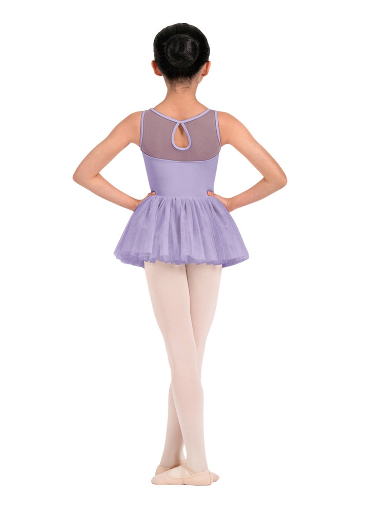 Mirella girls tank dance dress in light purple with mesh keyhole back and layered tulle skirt.