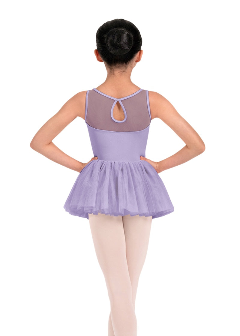 Mirella girls tank dance dress in light purple with mesh keyhole back and layered tulle skirt.