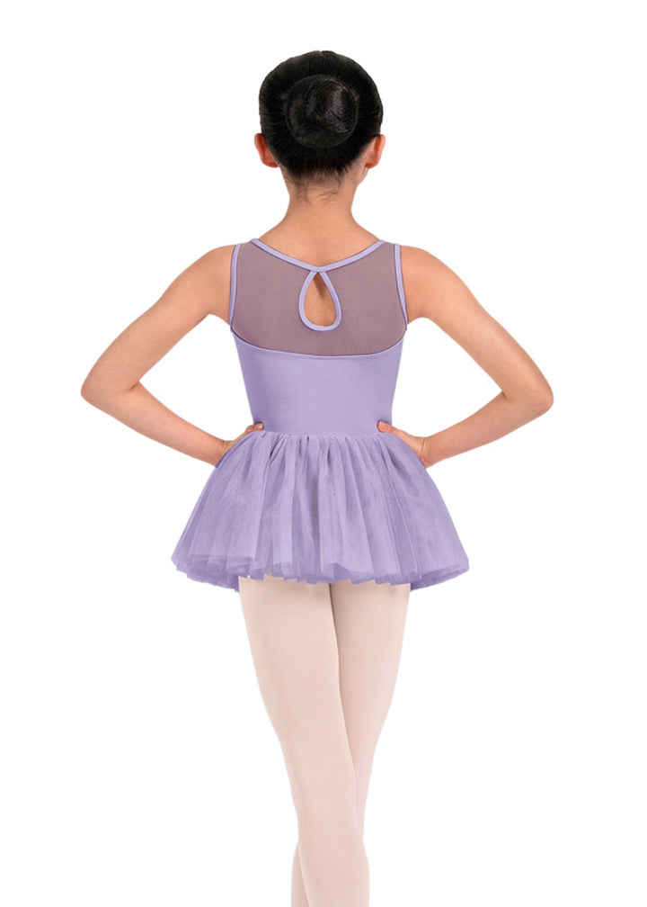 Mirella girls tank dance dress in light purple with mesh keyhole back and layered tulle skirt.