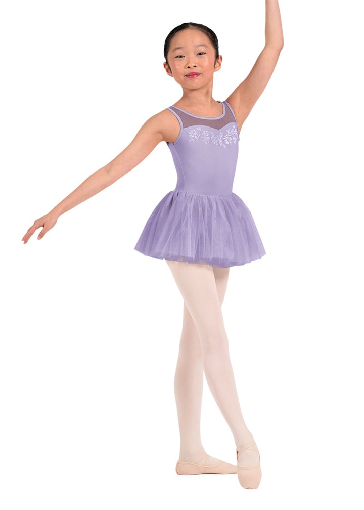 Mirella girls tank dance dress in light purple with mesh sweetheart neckline, floral embroidery, and layered tulle skirt.