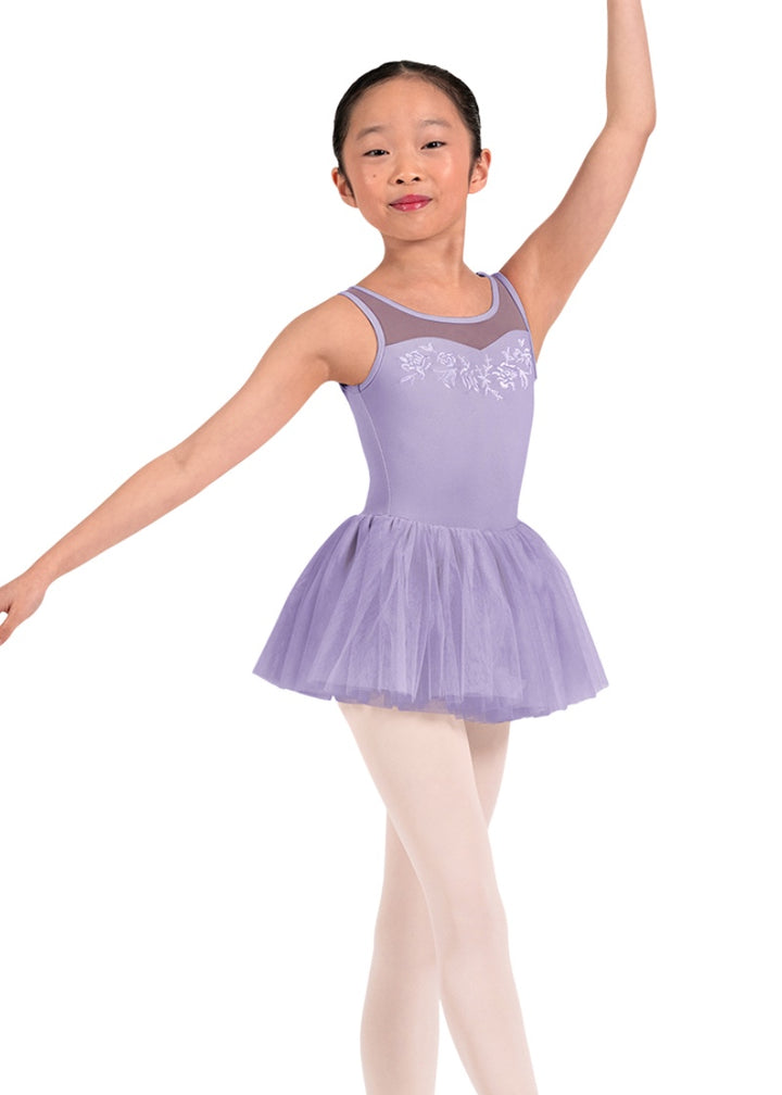 Mirella girls tank dance dress in light purple with mesh sweetheart neckline, floral embroidery, and layered tulle skirt.