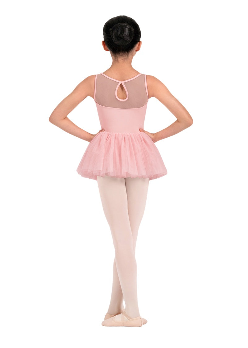 Mirella girls tank dance dress in light pink with mesh keyhole back and layered tulle skirt.