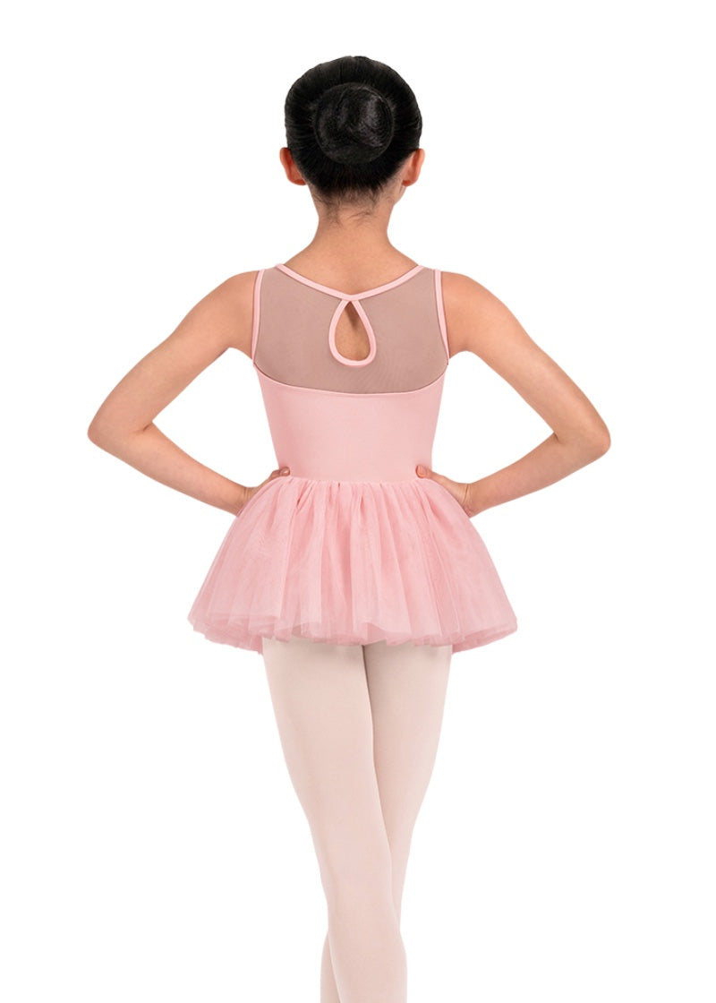 Mirella girls tank dance dress in light pink with mesh keyhole back and layered tulle skirt.