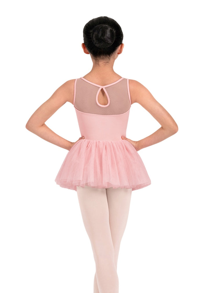 Mirella girls tank dance dress in light pink with mesh keyhole back and layered tulle skirt.