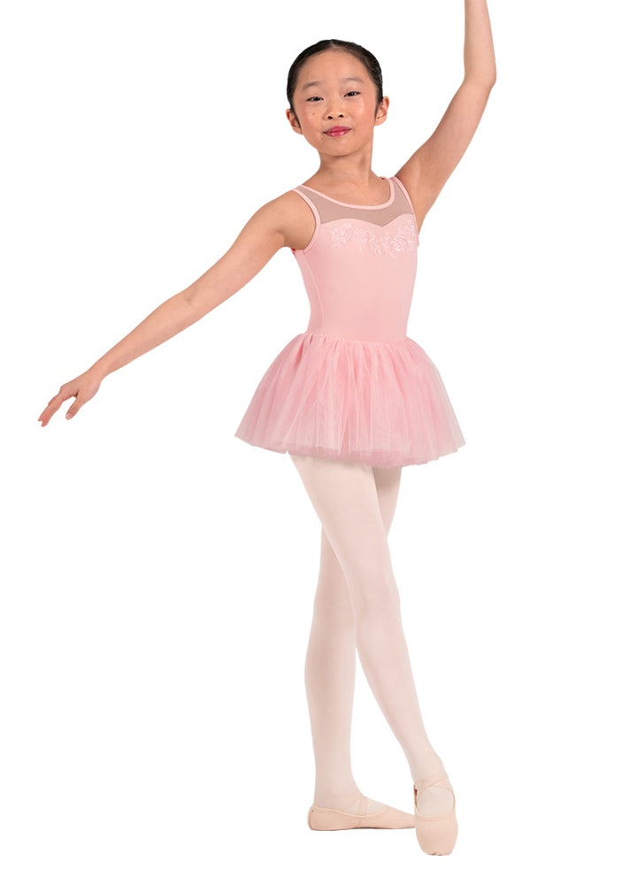 Mirella girls tank dance dress in light pink with mesh sweetheart neckline, floral embroidery, and layered tulle skirt.