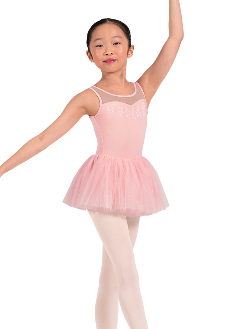 Mirella girls tank dance dress in light pink with mesh sweetheart neckline, floral embroidery, and layered tulle skirt.