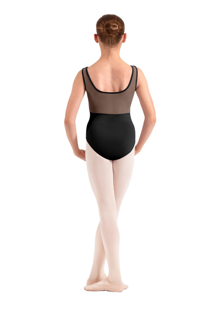 Mirella girls tank leotard in black with mesh scoop back.