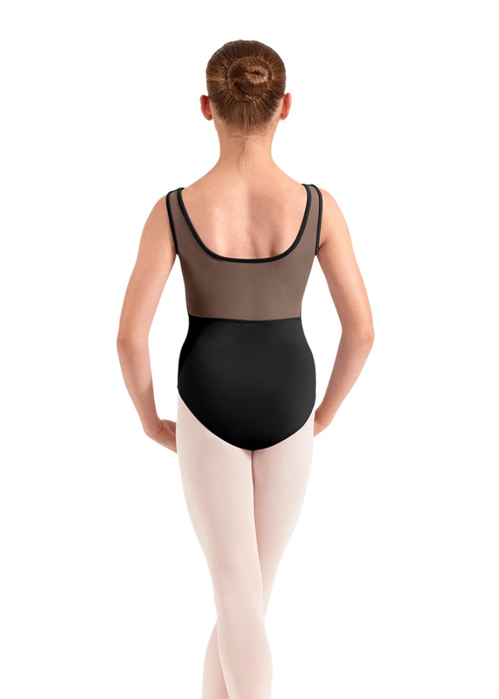 Mirella girls tank leotard in black with mesh scoop back.