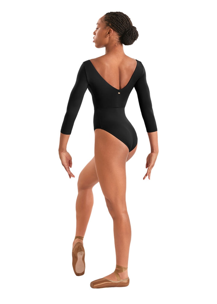 Mirella women's 3/4 sleeve leotard in black with v-back.