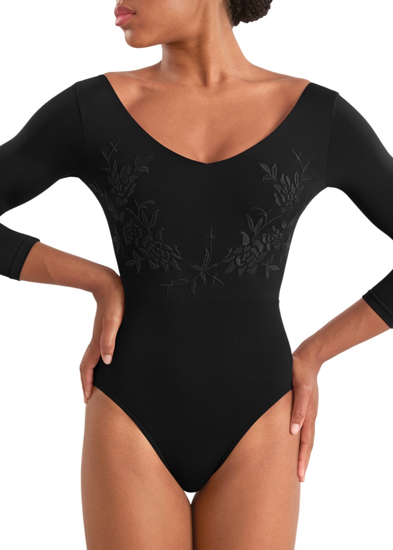 Mirella women's 3/4 sleeve leotard in black with v-neckline and floral embroidery.