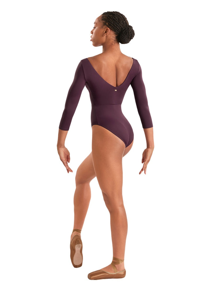 Mirella women's 3/4 sleeve leotard in burgundy with v-back.