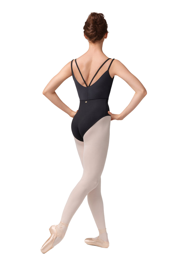 Mirella women's double strap camisole leotard in black with v-straps over a scoop back and pinstriped bodice.