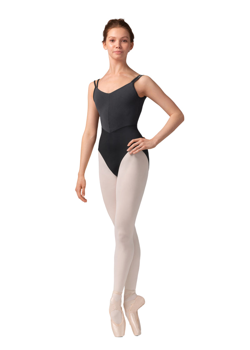 Mirella women's double strap camisole leotard in black with pinstriped bodice and v-neckline.
