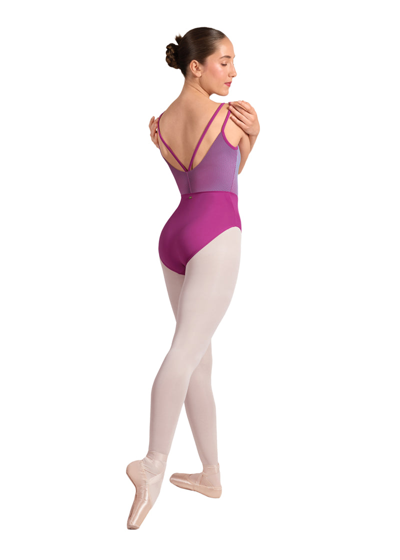 Mirella women's double strap camisole leotard in magenta with v-straps across a scoop back and blue pinstriped bodice.