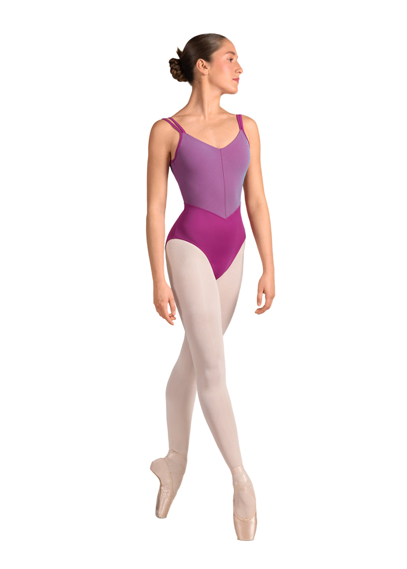 Mirella women's double strap camisole leotard in magenta with blue pinstriped bodice and v-neckline.