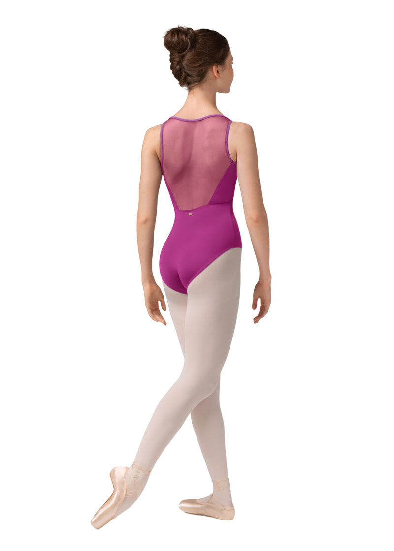 Mirella women's boat neck camisole leotard in magenta with mesh back.